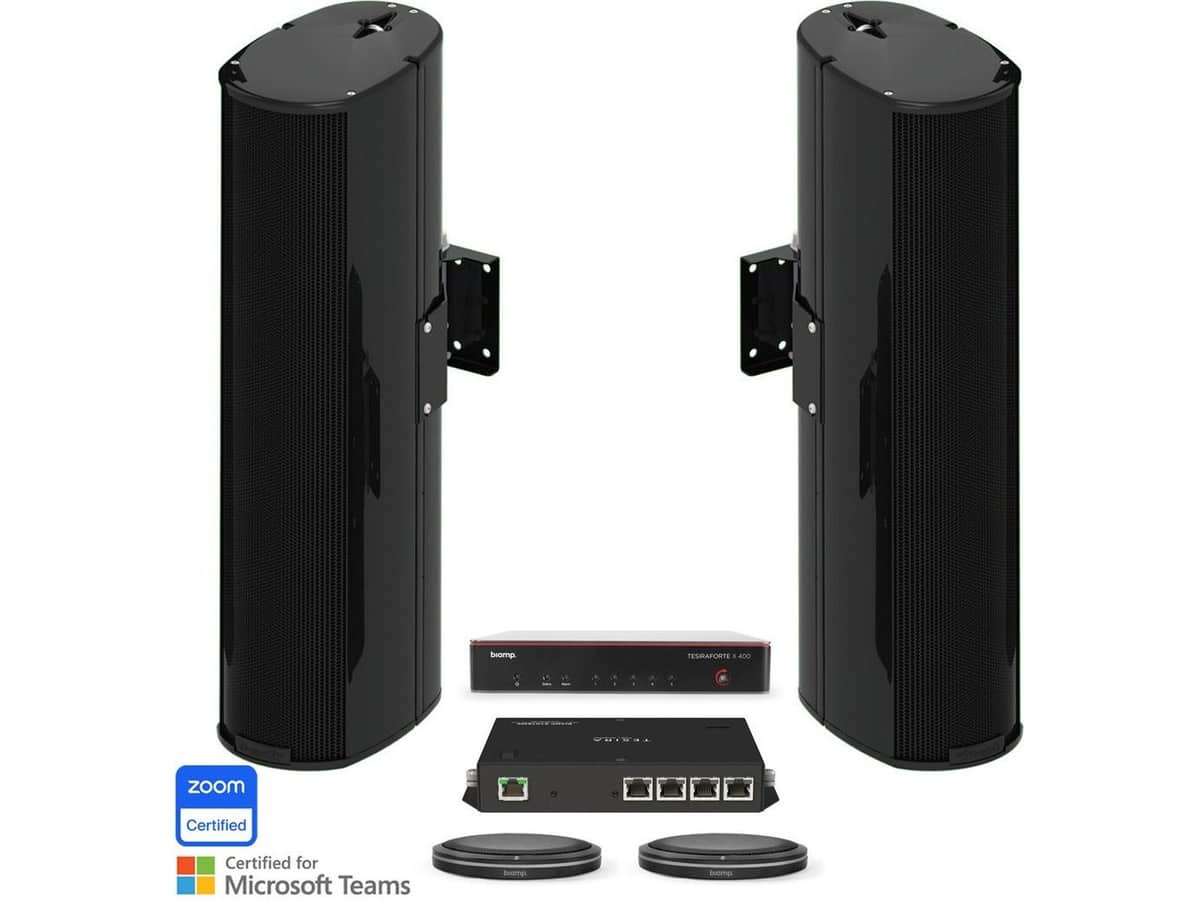 Biamp MRB-L-X400-T-ENT206 Large Meeting Room Bundle with TesiraFORTÉ X 400 DSP, 2 Column Array Speakers, and Table Microphones