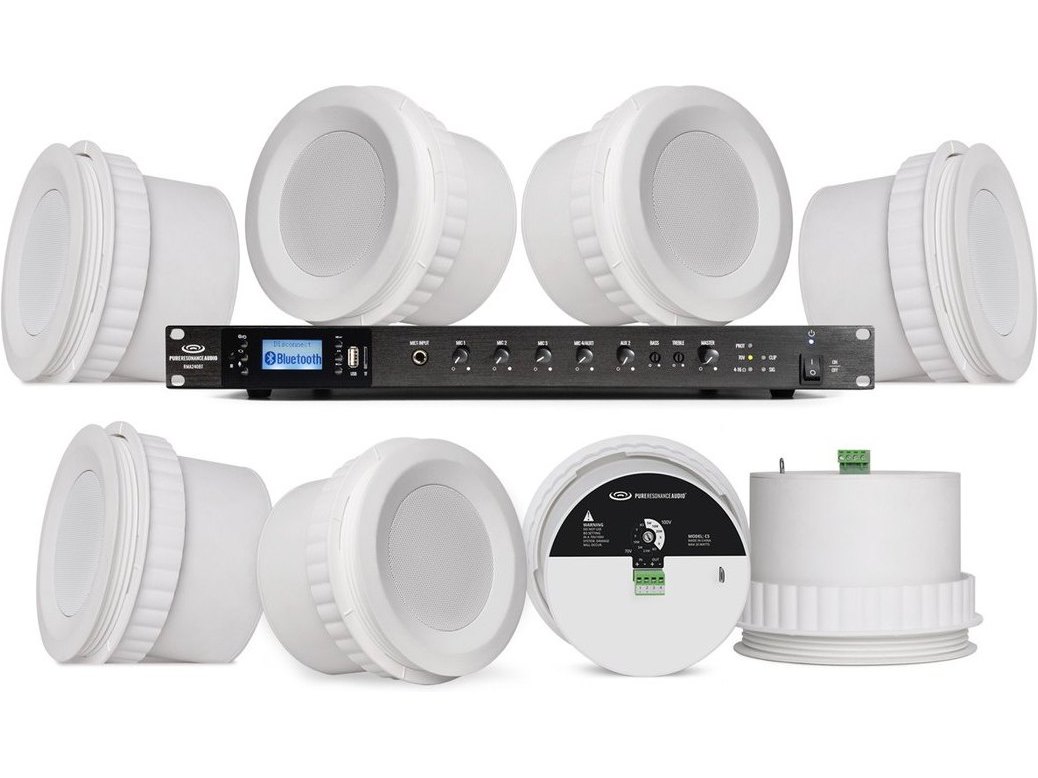 Office Ceiling Sound System with 8 C5 4" 70 Volt Ceiling Speakers and RMA240BT 240W Rack Mount Bluetooth Mixer Amplifier