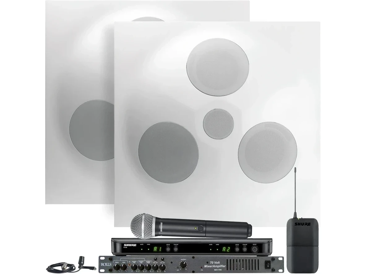 Conference Room Sound System with 2 Premium Ceiling Speakers Rolls MA1705 Mixer Amplifier and Shure Wireless System