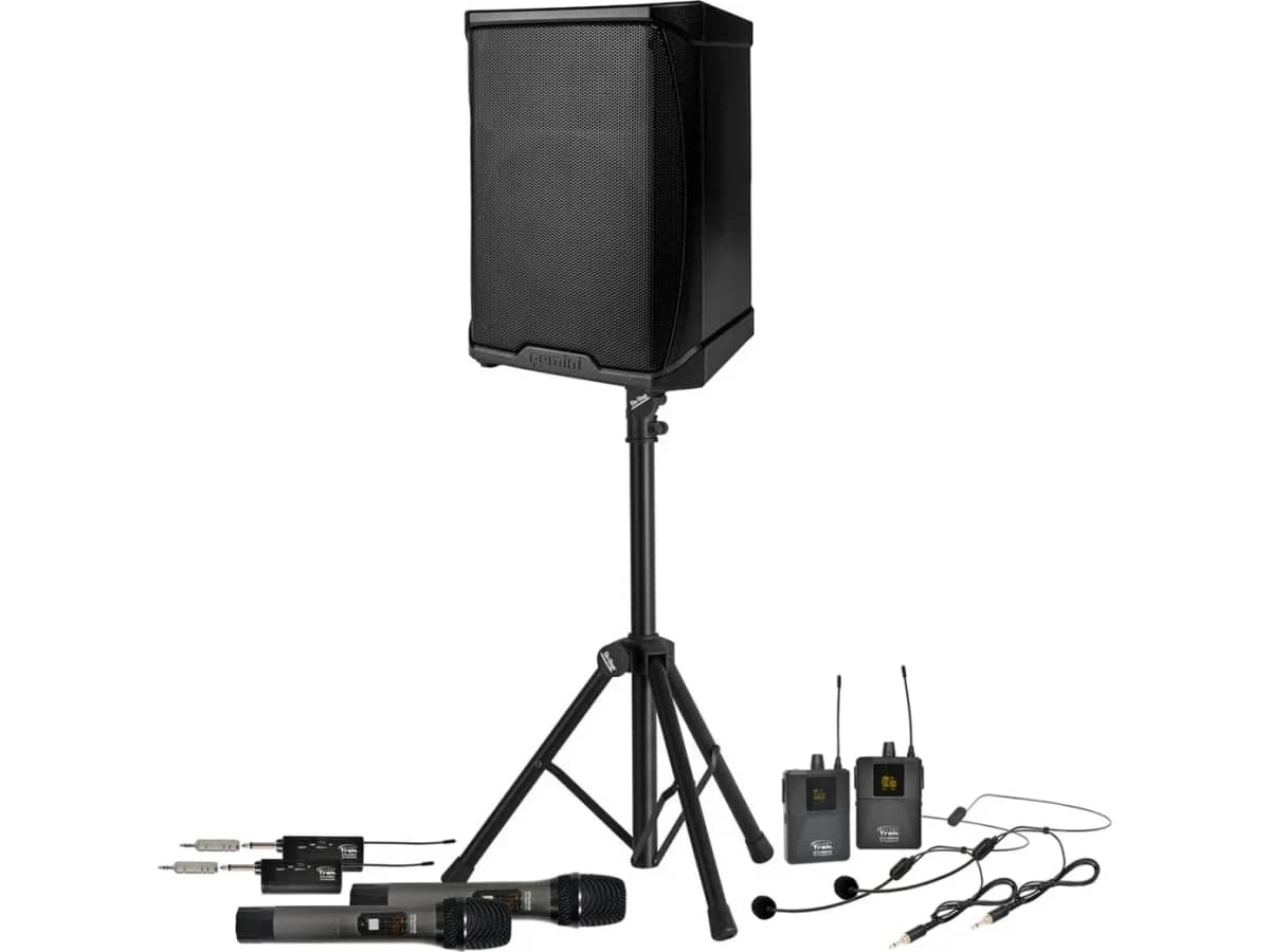 Portable Conference Room Sound System with Gemini Bluetooth PA System with 2 Dual Wireless Microphone Systems and Speaker Stand
