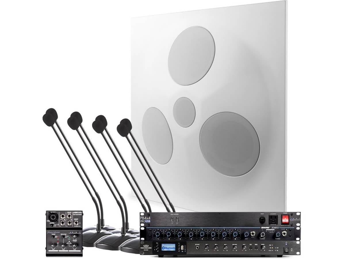 Conference Room Sound System with SD5 SuperDispersion Ceiling Speaker Array, RMA240BT 240W Rack Mount Bluetooth Mixer Amplifier and 8 Discussion Mics