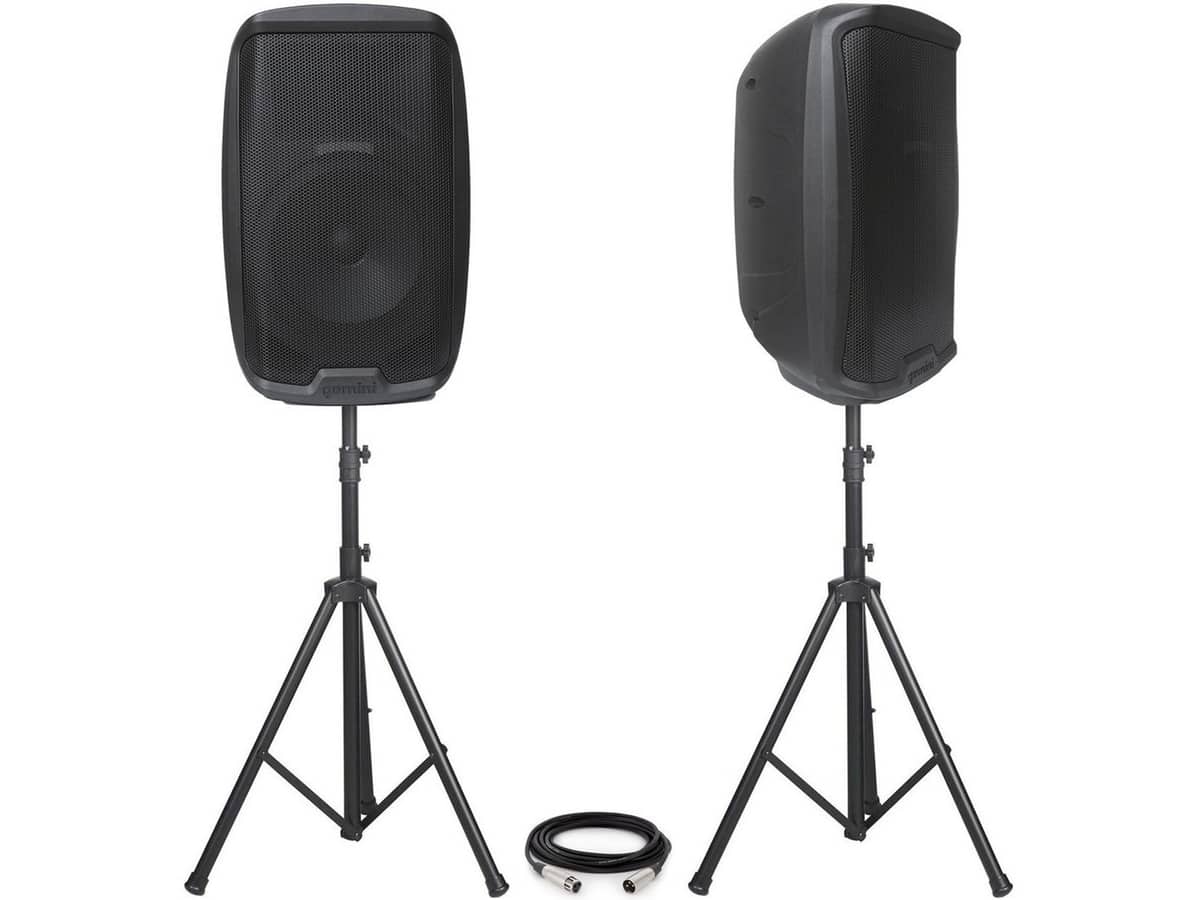 Portable Church Sound System with 2 Gemini AS-2110P 10" 1000W Active Loudspeakers and Speaker Stands