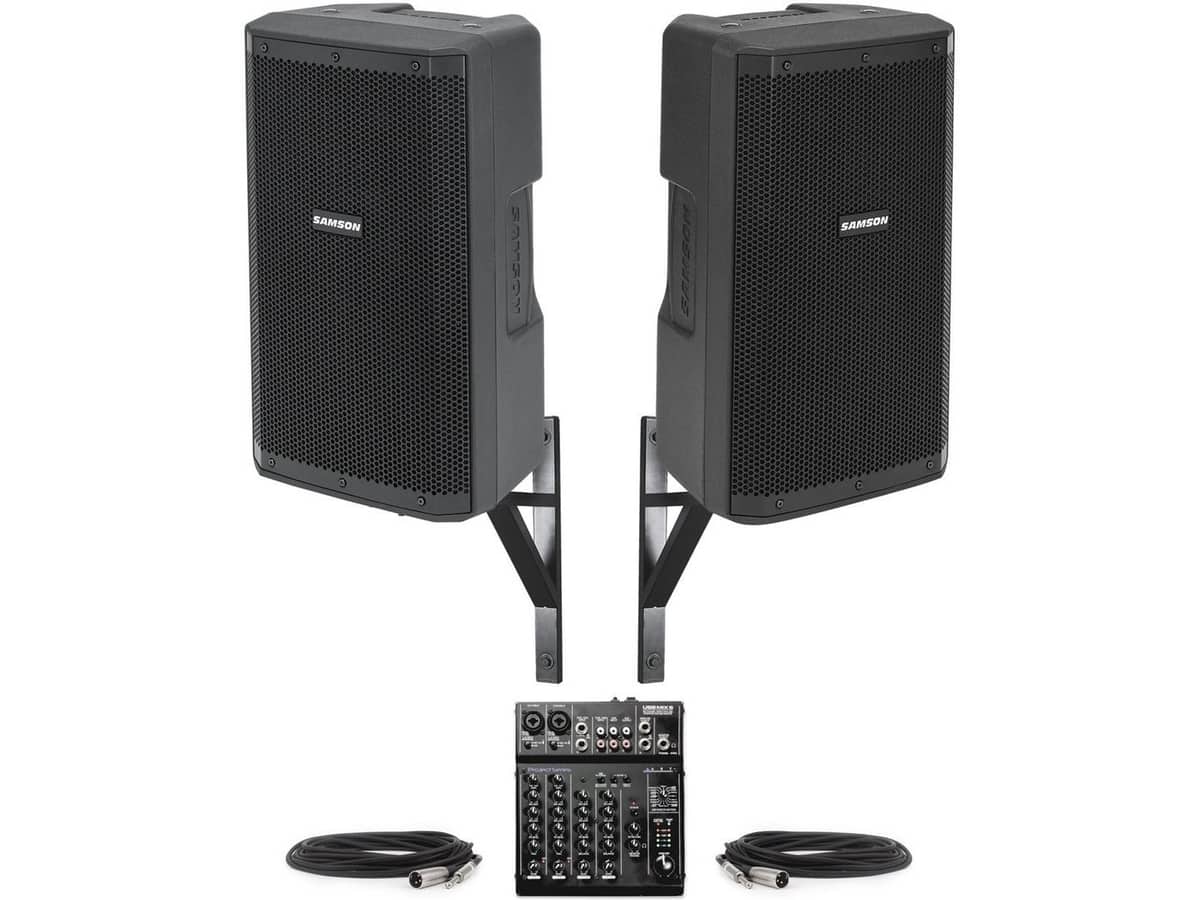 Church Sound System with 2 Wall Mount Samson RS110A Bluetooth Speakers and ART USBMix6 6-Channel USB Mixer