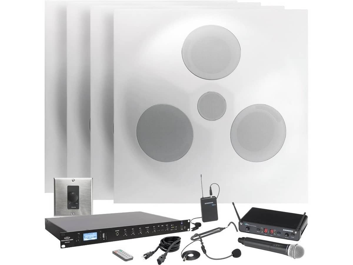 Conference Room Sound System with 4 Ceiling Speaker Arrays, RMA240BT Rack Mount Bluetooth Mixer Amplifier and Dual Wireless Microphone System