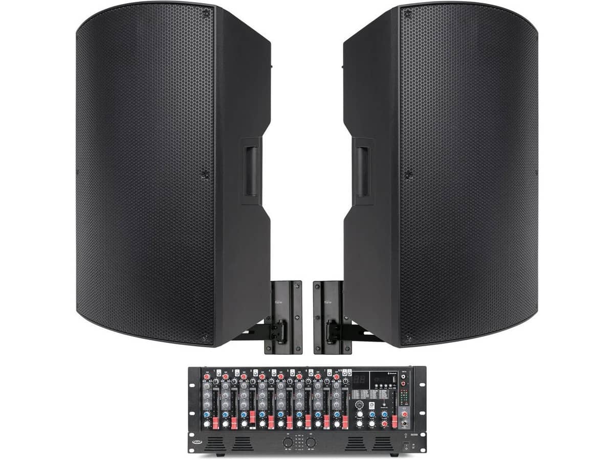 Weight Room Sound System with 2 P115 15" Passive PA Speakers, MX9 9-Channel Mixer and DA2500 Dual-Impedance 500W Power Amplifier