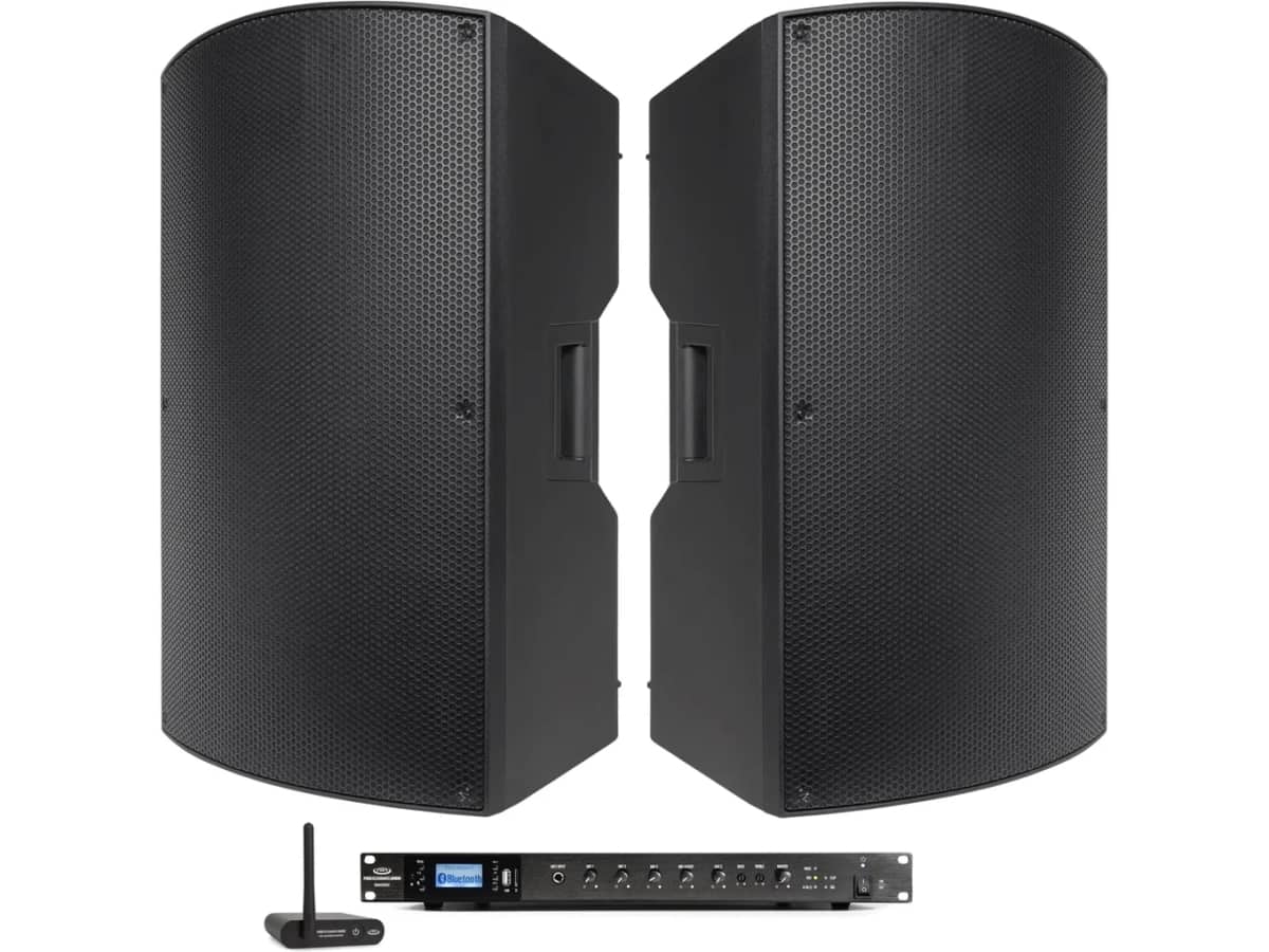 Group Fitness Sound System with 2 P115 15" Passive PA Speakers, RMA500BT 500W Mixer Amplifier and BTR1 Bluetooth Receiver
