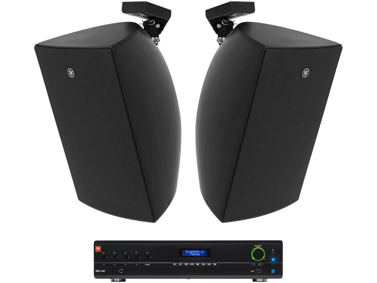 Yoga Studio Sound System with 2 Yamaha Surface Mount Speakers and JBL Wireless Bluetooth Mixer Amplifier