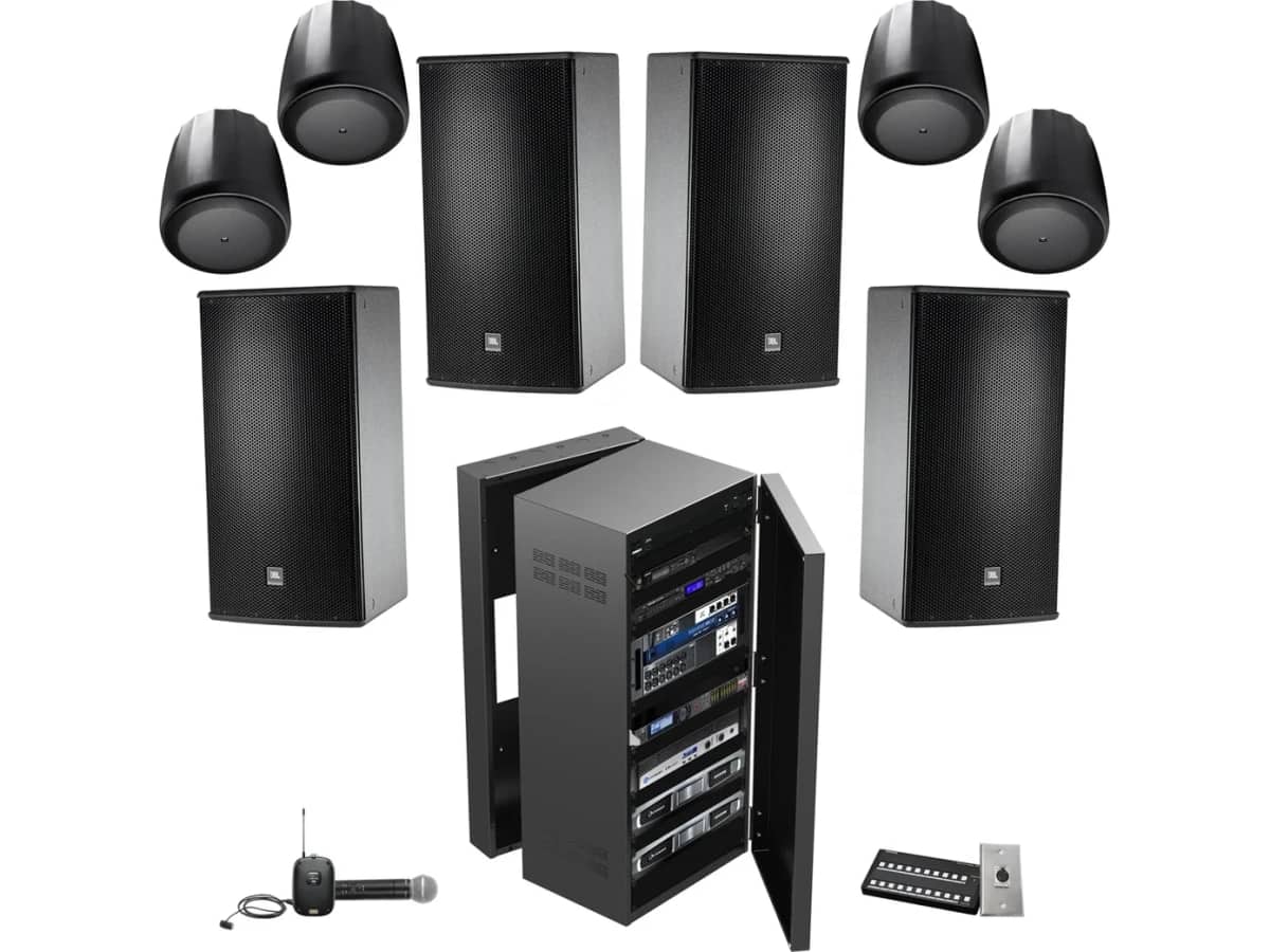 Collegiate Basketball Gymnasium Sound System with 8 JBL Loudspeakers 6 Pendant Speakers and 4 Pendant Subwoofers