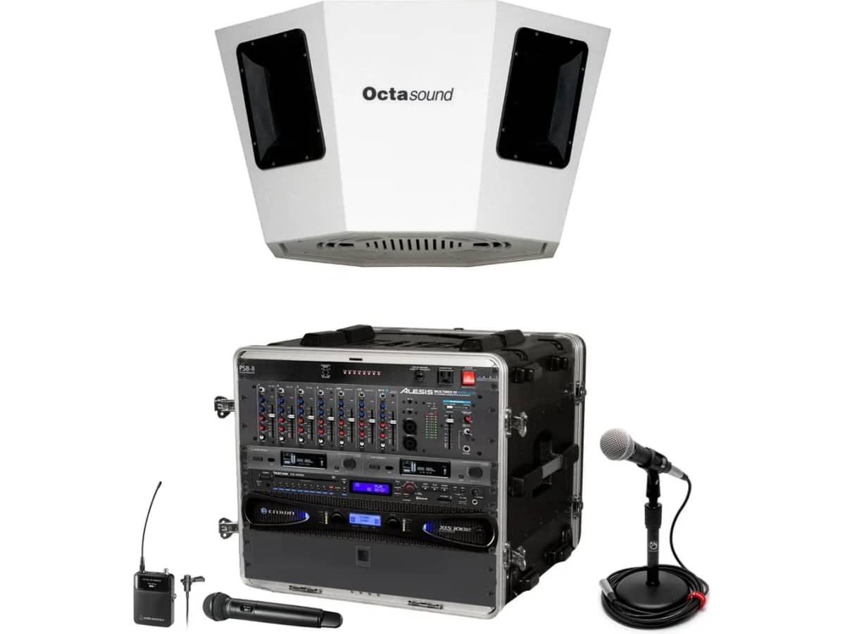 Gym Sound System with Octasound SP840A 360° x 180° Ceiling Mount Speaker Cluster and Alesis MultiMix 10 Bluetooth Mixer
