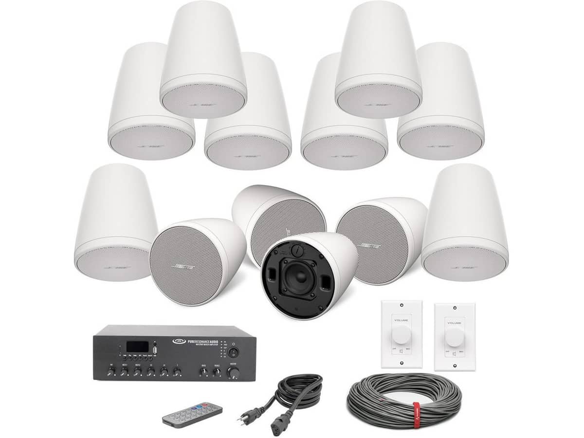 Office Sound System with 12 Bose Professional FreeSpace FS2P Pendant Mount Speakers and 120W Bluetooth Mixer Amplifier