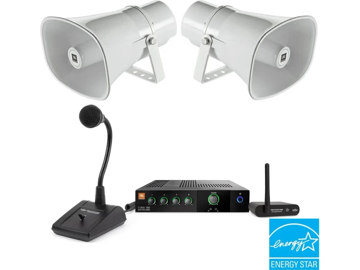 Indoor Outdoor Public Address Sound System with 2 15W Long Throw Paging Horns, Mixer Amplifier and Bluetooth Adapter (ENERGY STAR Certified)