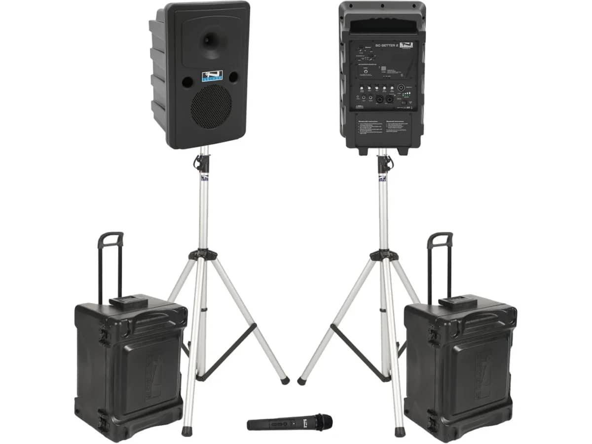Portable Stadium Sound System with 2 Wireless Bluetooth Speakers and Wireless Microphone with 109 dB Output for Crowds of up to 1,000