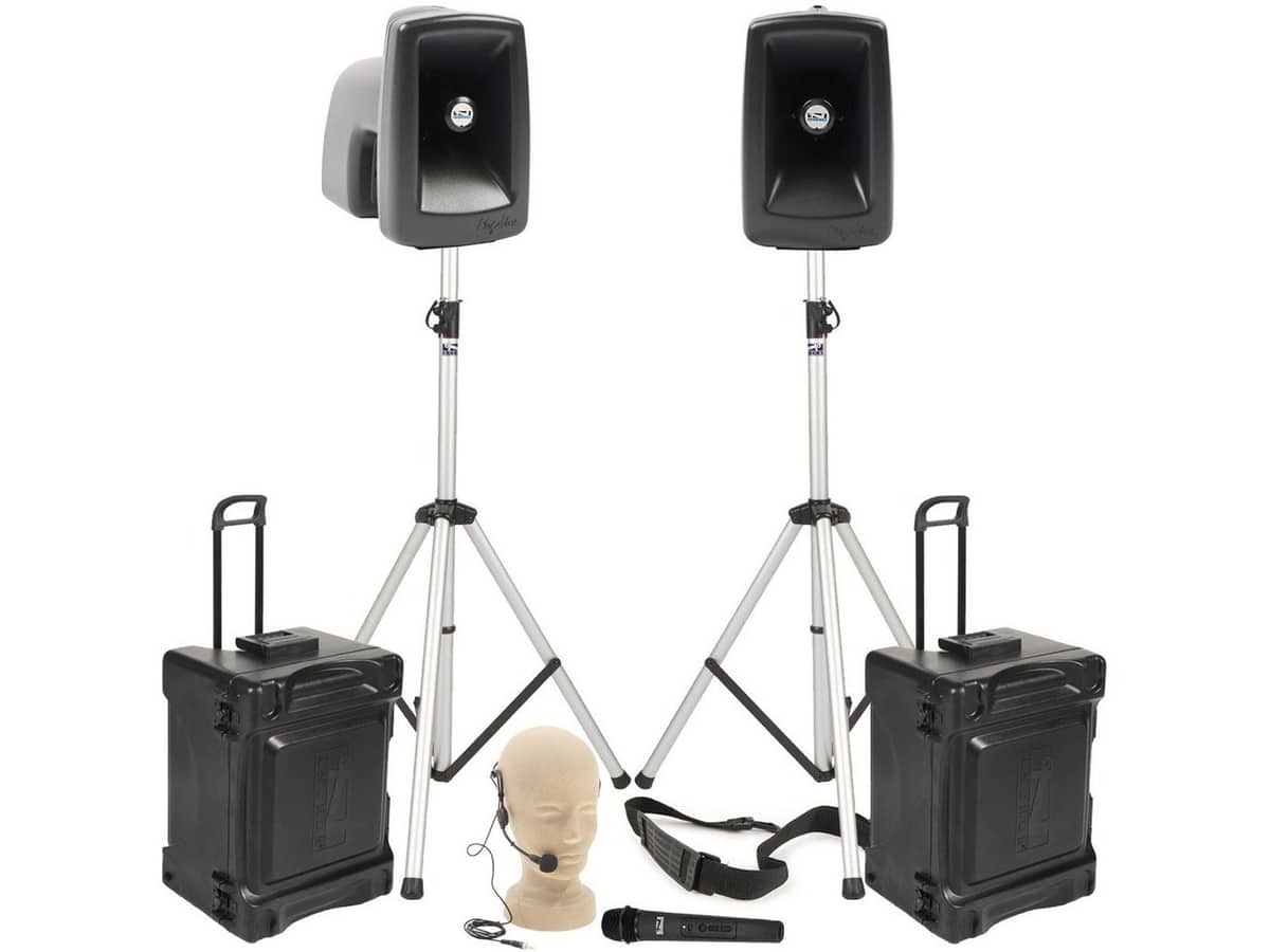 Stadium Portable PA System with Anchor Audio MegaVox 2 Bluetooth Battery-Powered Speakers and Wireless Microphones