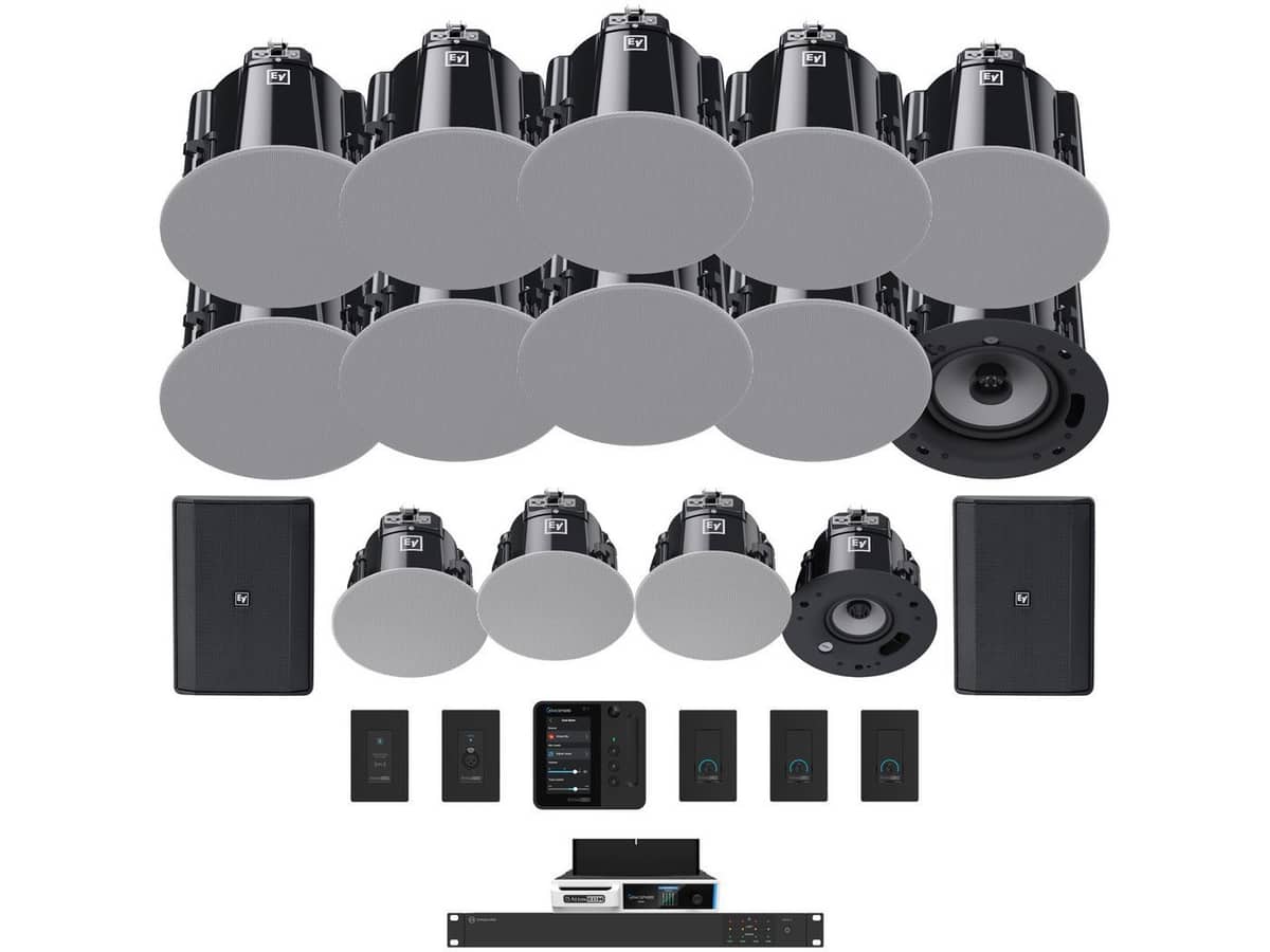 Restaurant Audio System with 14 Electro-Voice Ceiling Speakers, 2 Outdoor Patio Speakers, Power Amplifier, 4-Zone Processor, Wall Control Panel, Remote XLR Input, Volume Controls, Bluetooth, and Wifi Streaming