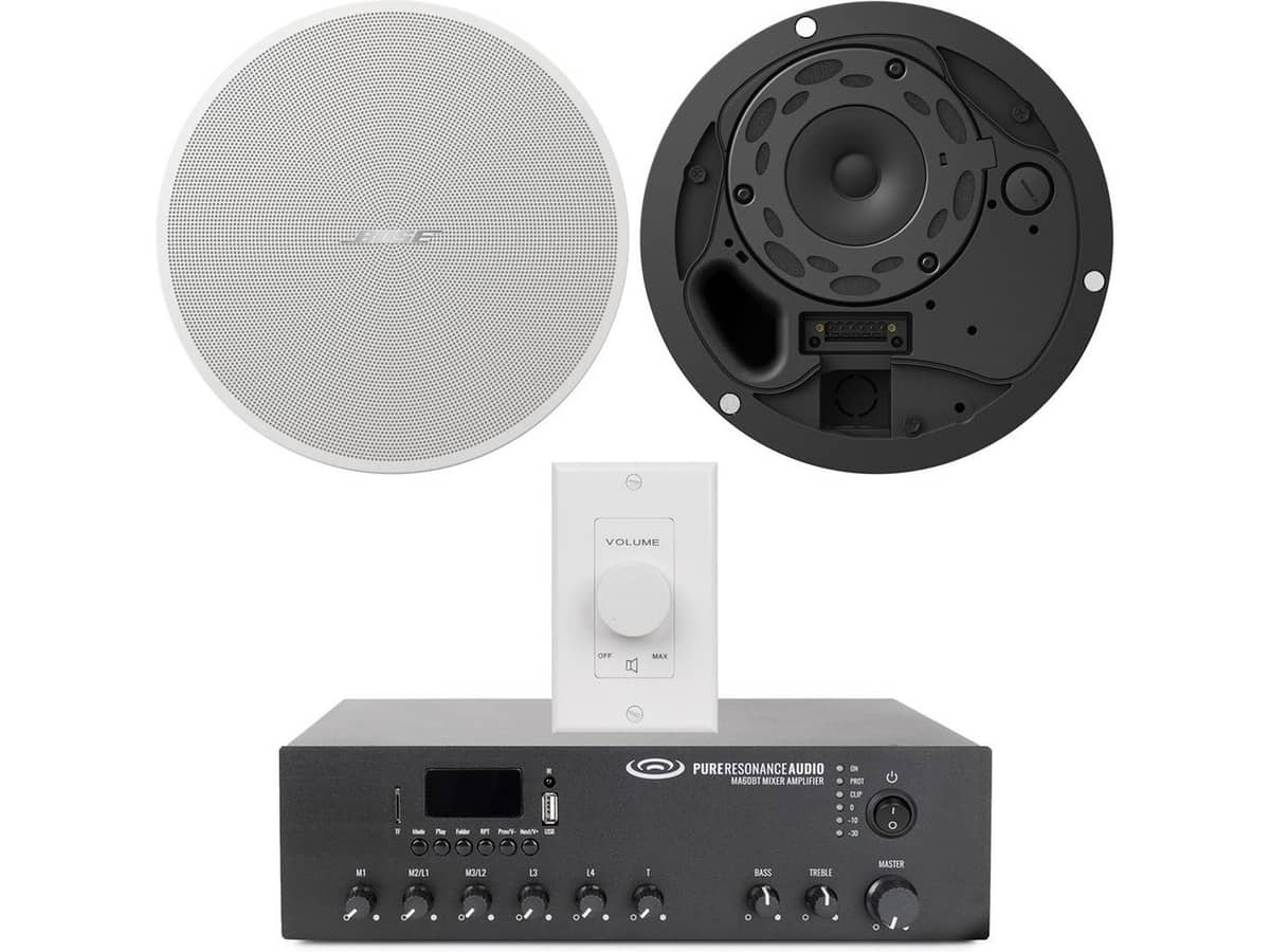 Bose Ceiling Restaurant Sound System with 2 DesignMax DM3C 3.25" Speakers, 60W Bluetooth Mixer Amplifier, and Wall Mount Volume Control