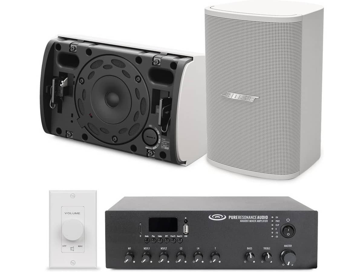 Bose Restaurant Speaker System with 2 DesignMax DM3SE Surface Mount Speakers, 60W Bluetooth Mixer Amplifier, and In-Wall Volume Control