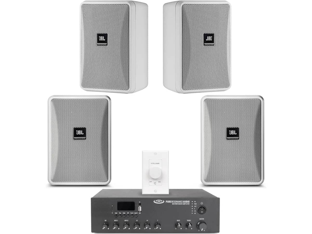 Restaurant Sound System with 4 JBL Control 23-1 Wall Mount Loudspeakers, Bluetooth Mixer Amplifier and Volume Control
