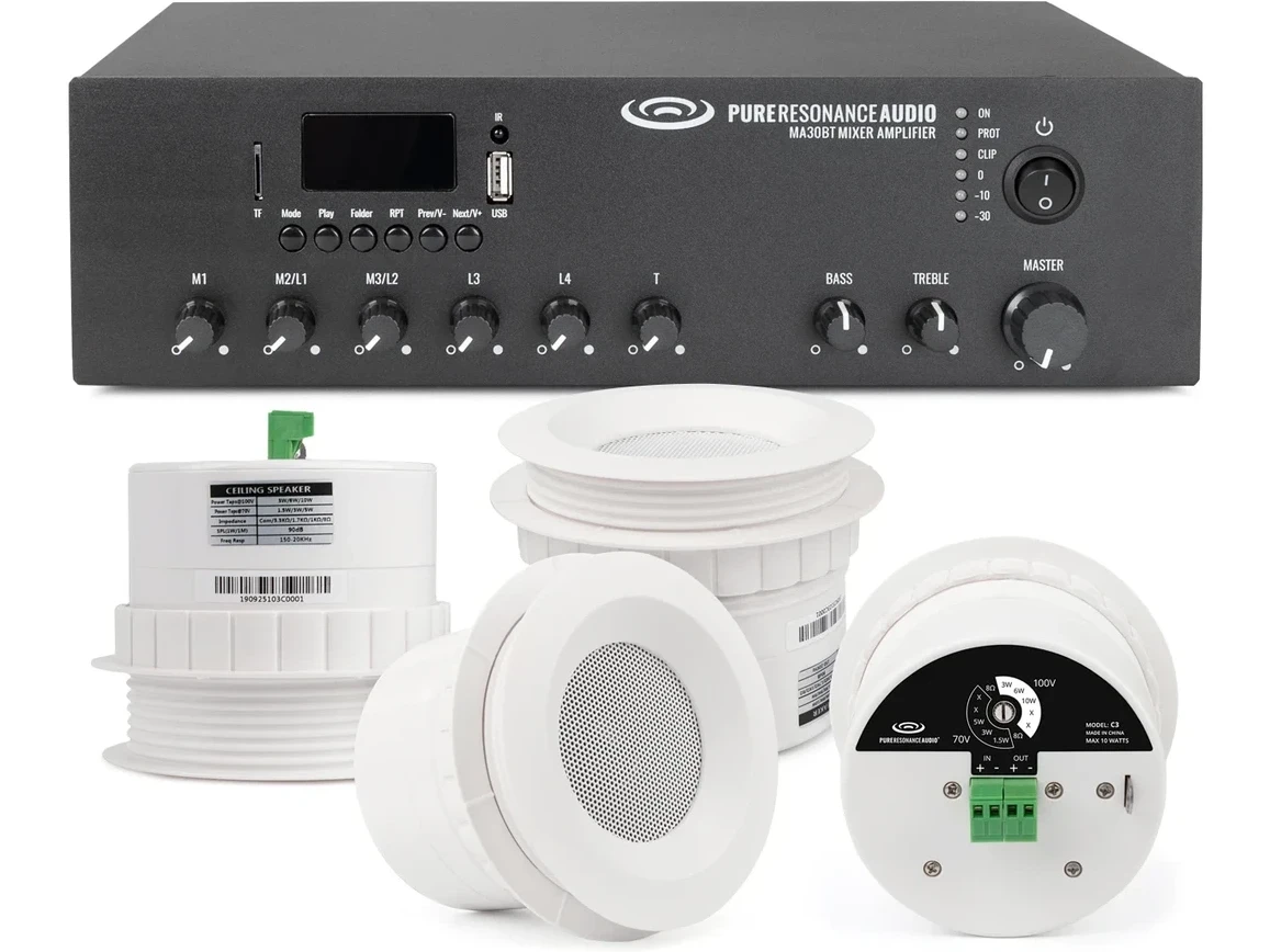 Restaurant Music System with 4 C3 Ceiling Speakers and MA30BT 30W Bluetooth Mixer Amplifier