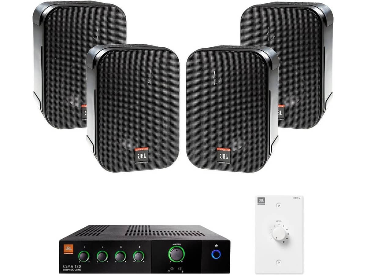 Restaurant Sound System with 4 JBL CSS-1S/T Wall Mount Loudspeakers and Mixer Amplifier