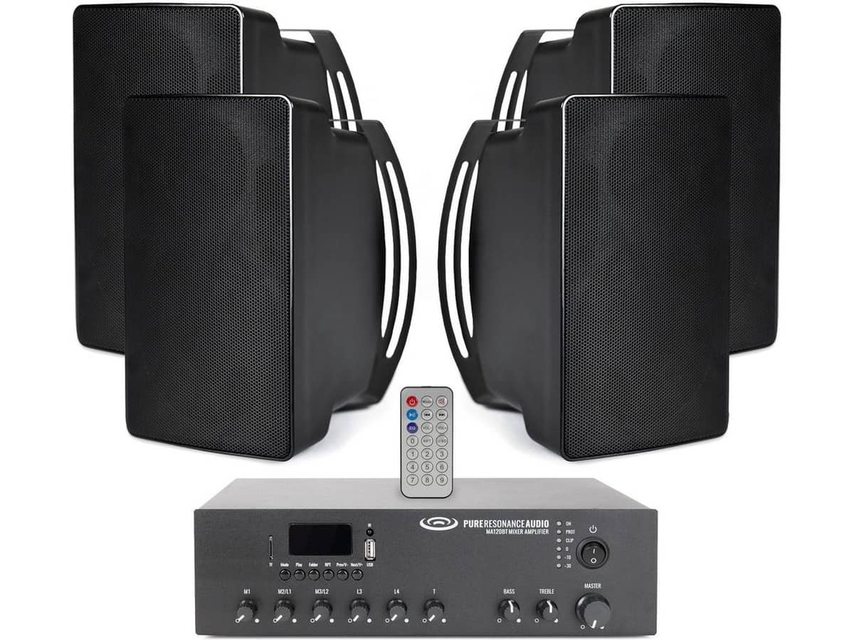 Restaurant Speaker System with 4 Pure Resonance Audio S5 4.5" 70 Volt Outdoor Surface Mount Speakers and MA120BT 120W Bluetooth Mixer Amplifier