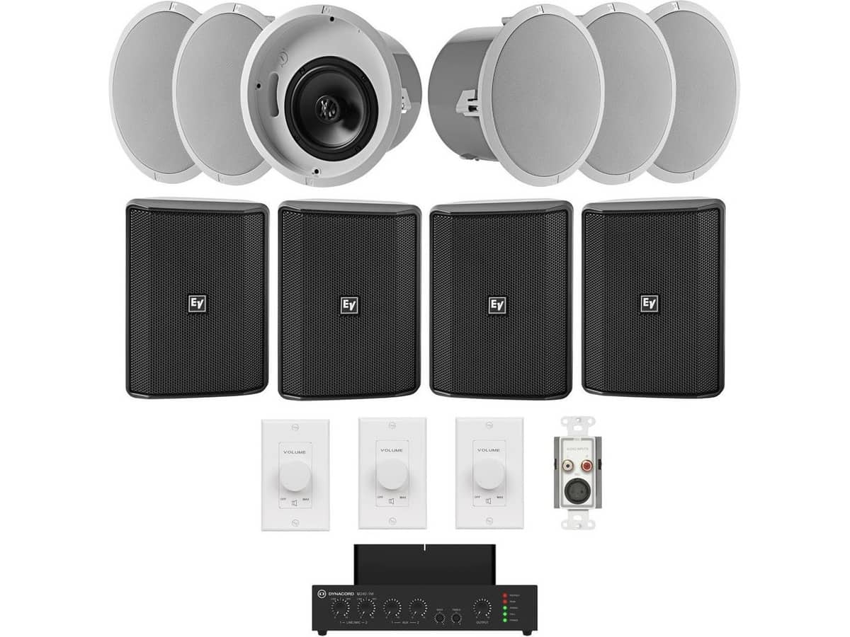 Restaurant Music System with 6 Electro-Voice EVID-C6.2 Ceiling Speakers, 4 Surface Mount Speakers, Mixer Amplifier, Audio Input Panel, Volume Controls, and Sonos Port WiFi Streaming