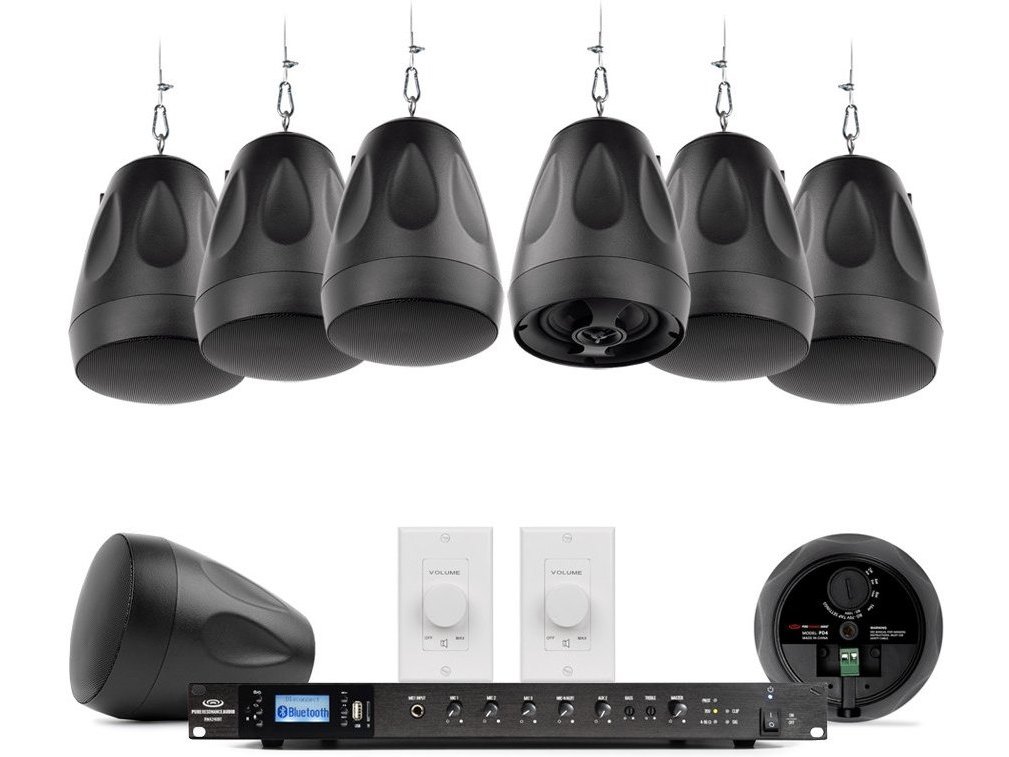 Restaurant Sound System with 8 PD4 Pendant Speakers, RMA240BT 240W Rack Mount Bluetooth Mixer Amplifier and 2 Volume Controls