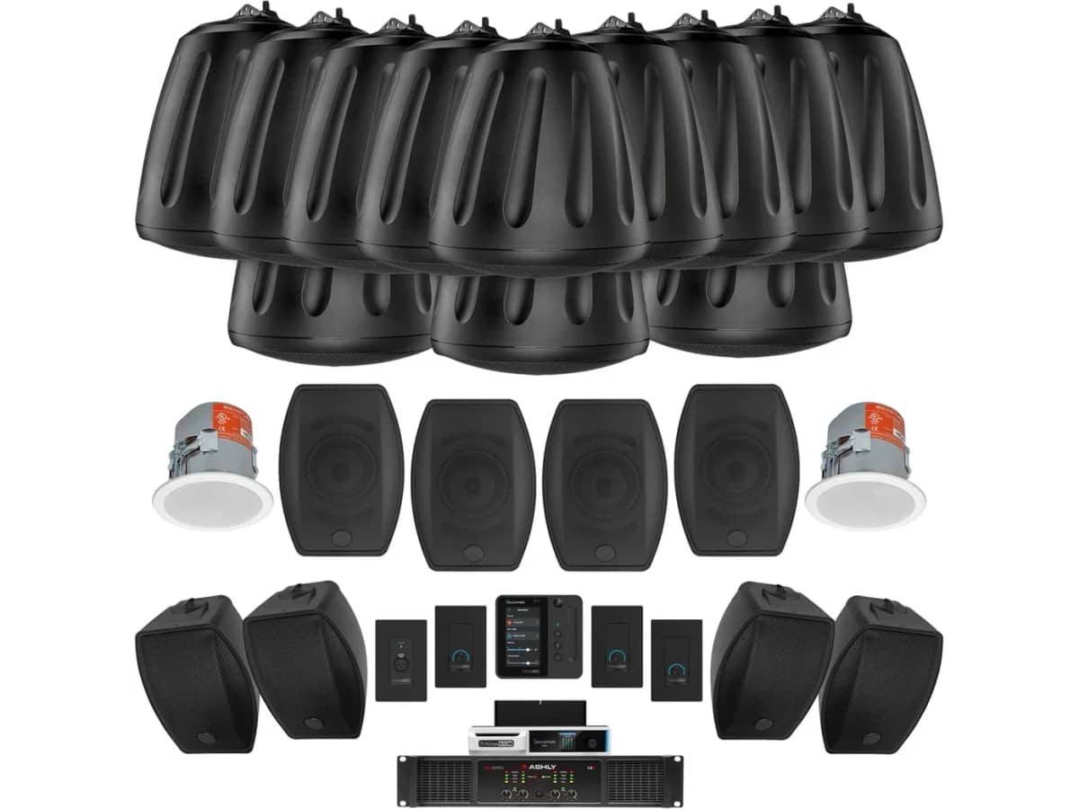 Bar Restaurant Sound System with 9 SoundTube Pendant Speakers, 3 Subwoofers, 4 Surface Mount Speakers, 2 Ceiling Speakers, 4 Outdoor Patio Speakers, Power Amplifier, 4-Zone Processor, Wall Control Panel, Volume Controls, Bluetooth, and Wifi Streaming