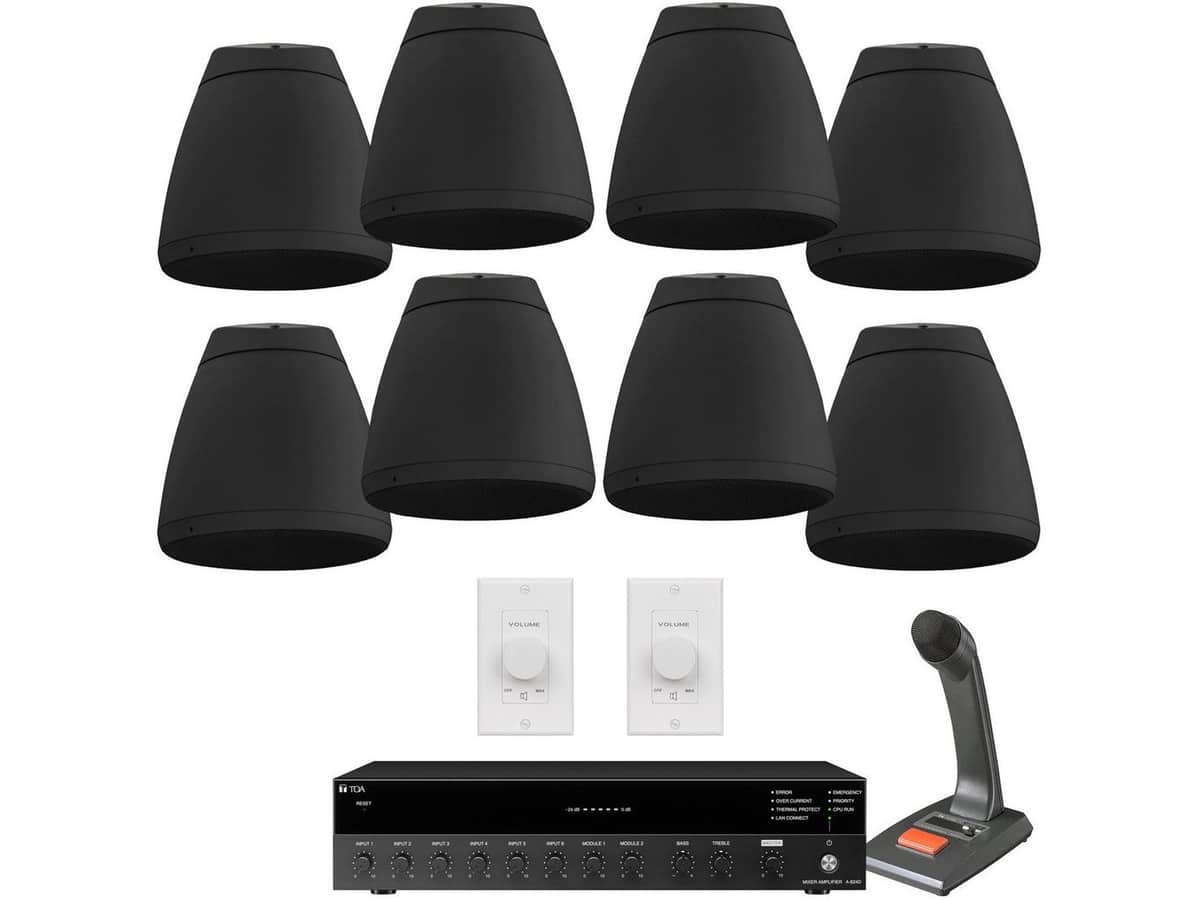 Open Ceiling Supermarket 2-Zone Sound System with 16 Indoor Outdoor Pendant Speakers and Push-to-Talk Paging Microphone