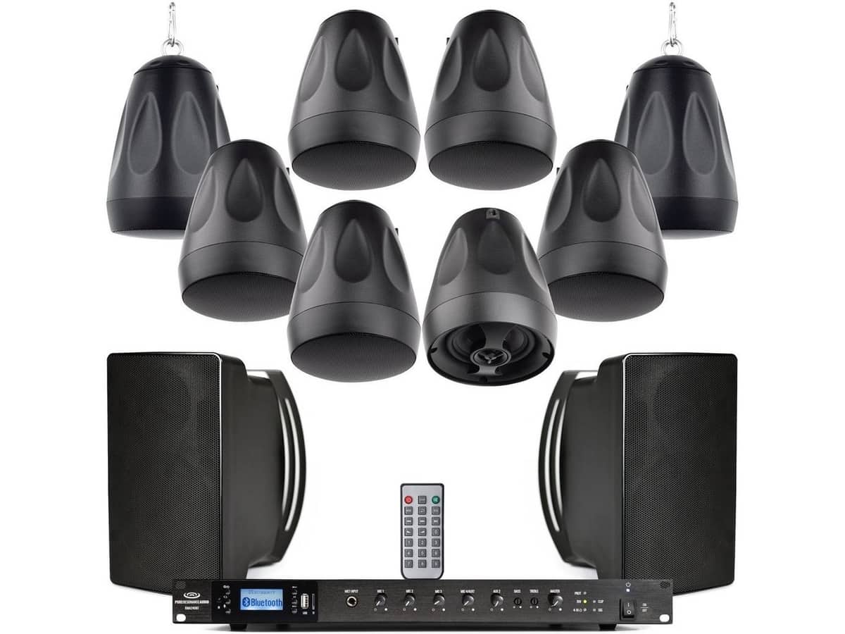 Retail Store Sound System with 2 Pure Resonance Audio Indoor/Outdoor Surface Mount Speakers, 8 PD4 Pendant Speakers and RMA240BT Rack Mount Bluetooth Mixer Amplifier