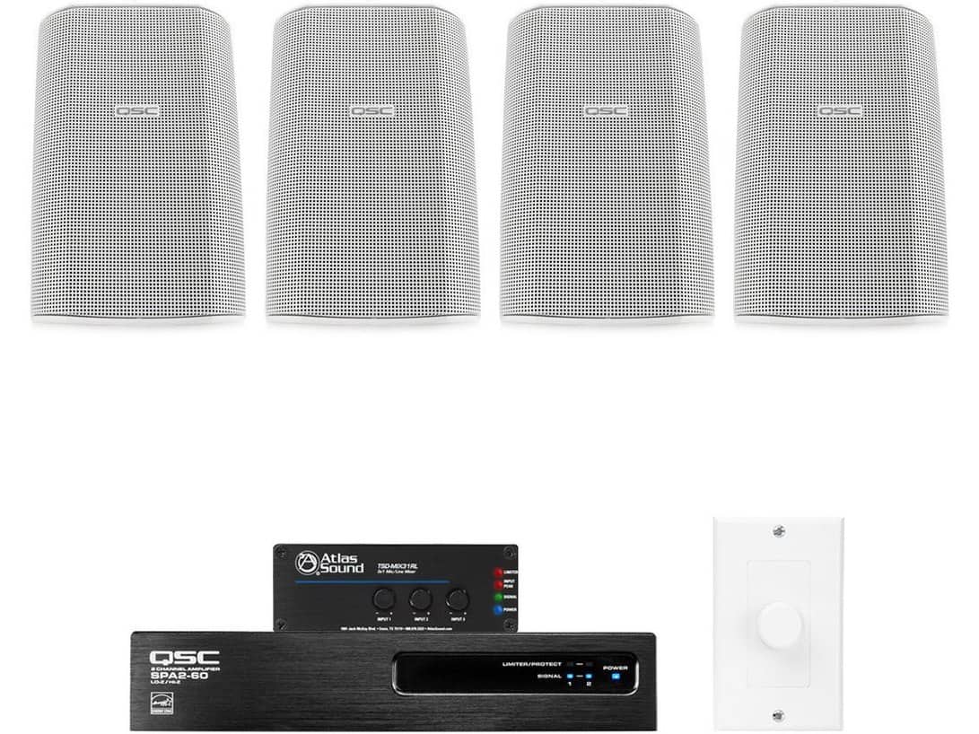 Retail Store Sound System with 4 QSC AcousticDesign Wall Mount Speakers Power Amplifier and Atlas Sound Mixer