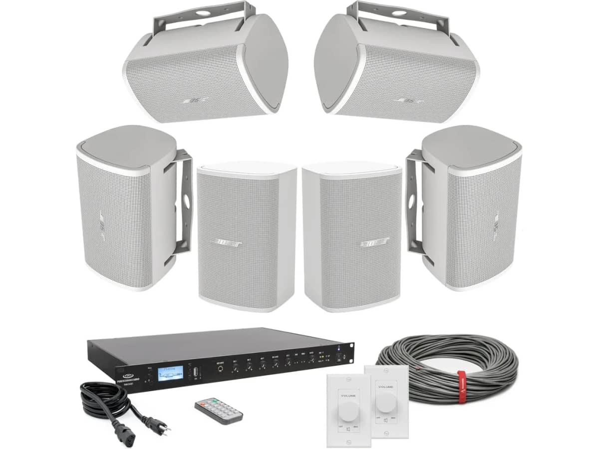 Restaurant and Retail Store Sound System with 6 Bose Professional DesignMax Surface Mount Speakers and 240W Bluetooth Mixer Amplifier