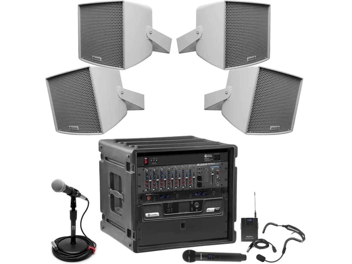 Soccer Field Sound System with 4 Community Outdoor Speakers, Crown Power Amplifier and Bluetooth Mixer