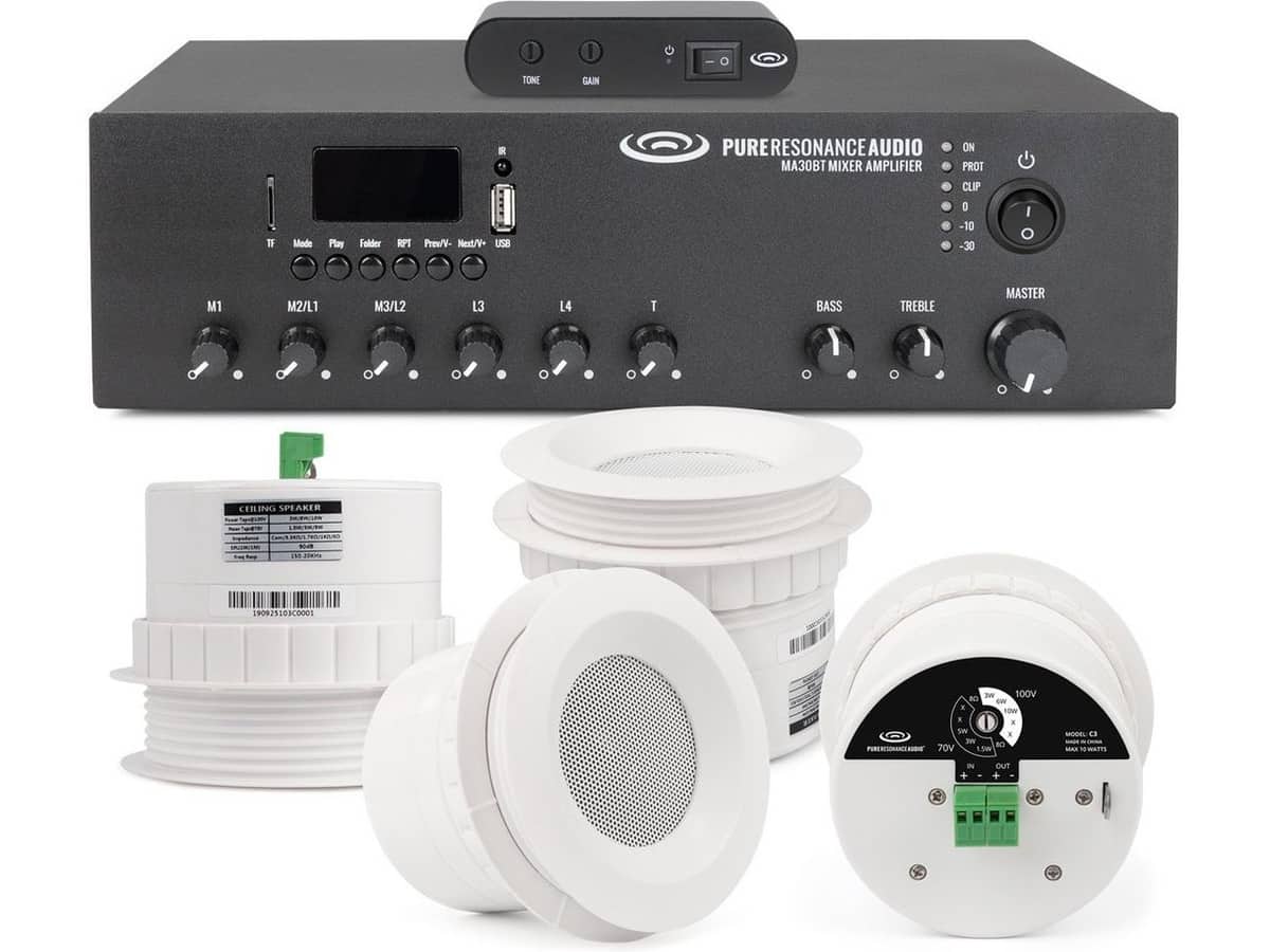 White Noise Sound Masking System with 4 C3 3" 70 Volt Ceiling Speakers, MA30BT 30W Mixer Amplifier and SMG1 Sound Masking Generator