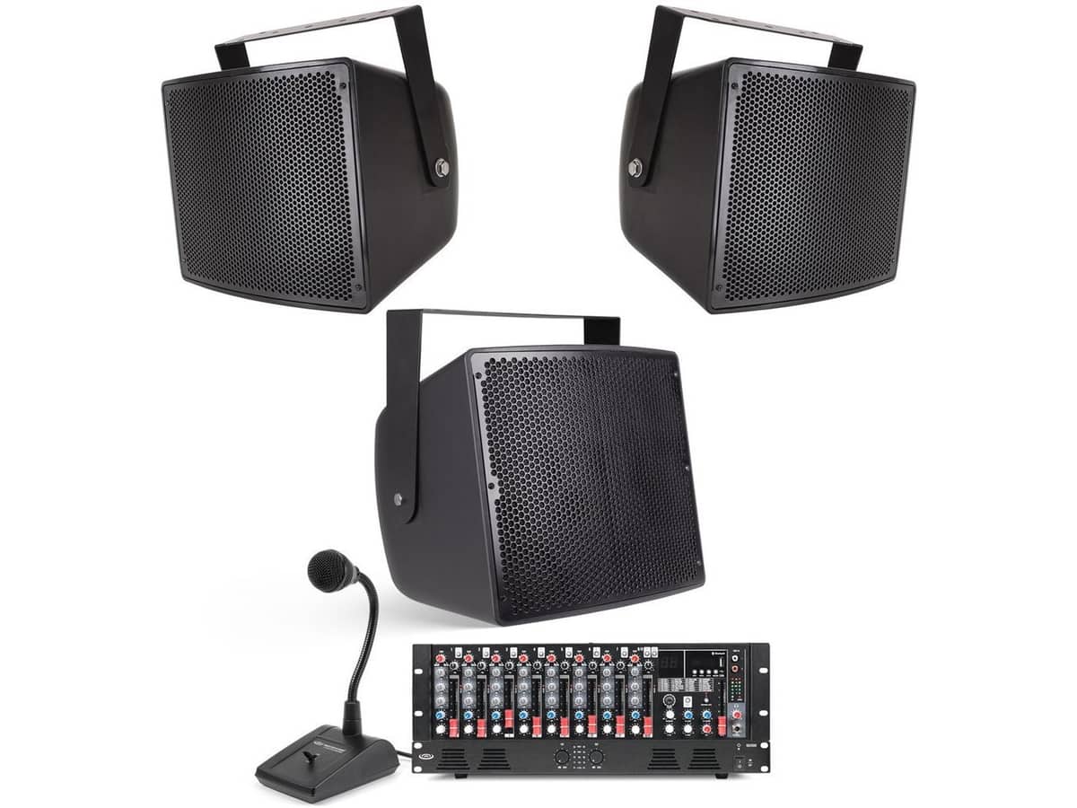 Baseball Field Sound System with an S12 12" and 2 S10 10" Stadium Speakers, MX9 9-Channel Mixer, DA2500 Power Amplifier and PTT1 Paging Microphone