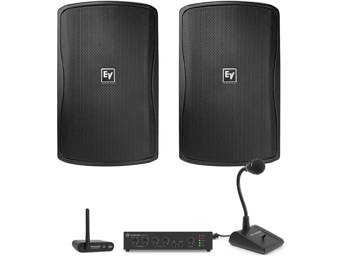 Stadium Sound System with 2 Electro-Voice ZX1i-90 8" Outdoor Speakers, U240:1M 240W Mixer Amplifier, BTR1 Bluetooth Wireless Receiver and PTT1 Paging Microphone