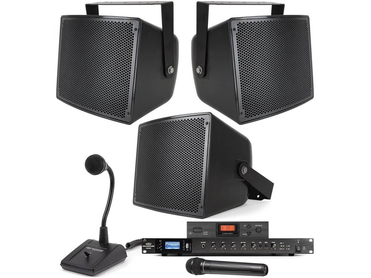 Football Stadium Sound System with 3 S10 Outdoor Stadium Speakers, Bluetooth Mixer Amplifier, Paging Microphone and Wireless Microphone