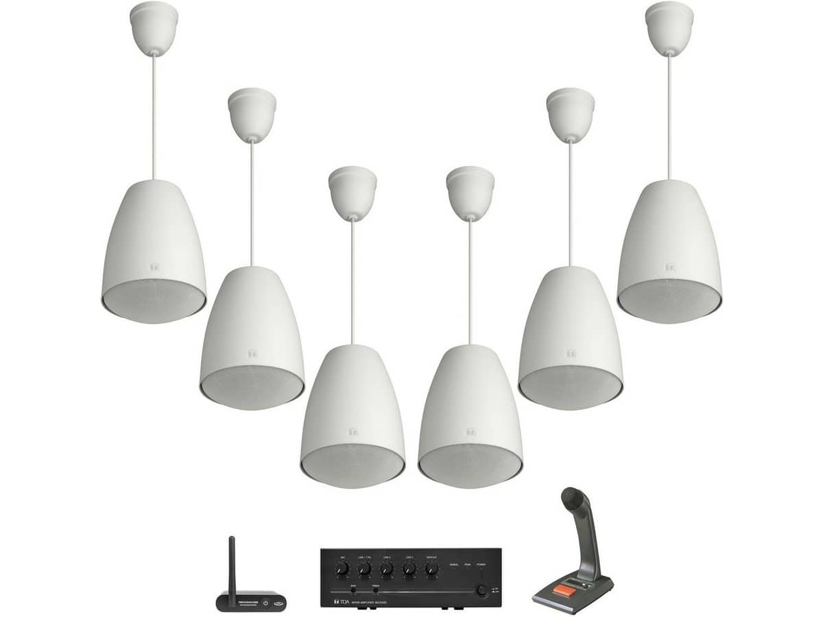 Assembly and Manufacturing Plant PA Sound System with 16 TOA Pendant Mount Speakers, Push-to-Talk Paging Microphone and Bluetooth