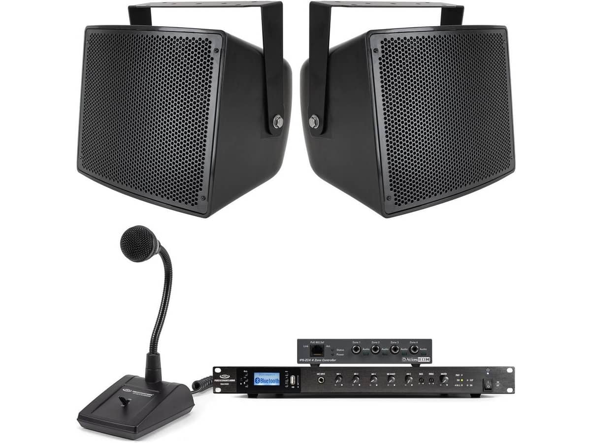 Warehouse Sound System with 2 S10 Outdoor Loudspeakers, RMA240BT Rack Mount Bluetooth Mixer Amplifier, Paging Server and Paging Microphone