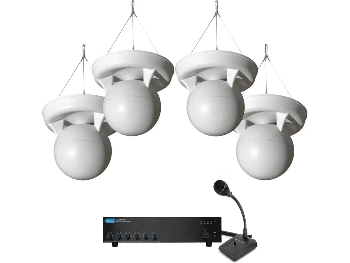 Warehouse PA Sound System with 4 Soundsphere 110 Page Pendant Mount Loudspeakers and Push-to-Talk Paging Microphone