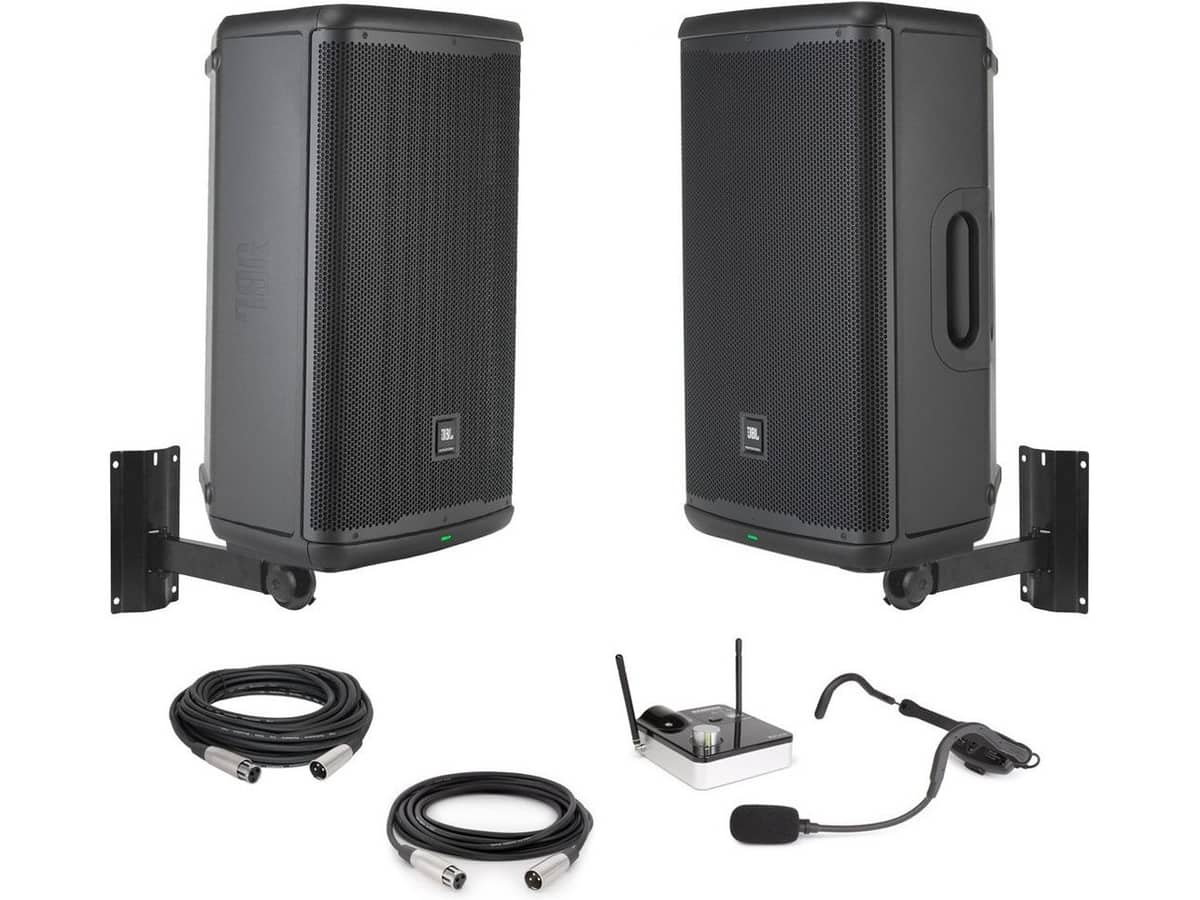 Weight Room Sound System with 2 JBL EON715 Powered Bluetooth Speakers and Samson AirLine 99m AH9 Fitness Headset